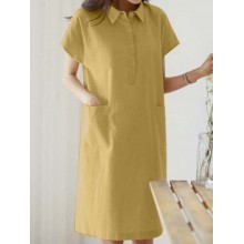 Solid Pocket Button Lapel Short Sleeve Casual Midi Dress