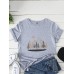 Women Landscape Print O  Neck Casual Short Sleeve T  Shirts