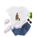 Women Cartoon Girl   Cat Print O  Neck Short Sleeve Casual T  Shirts