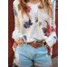 Women Floral Print V  Neck Knitted Casual Long Sleeve Sweaters