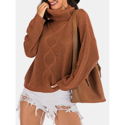 Women Solid Color High Neck Pullover Casual Warm Ribbed Knitted Sweater