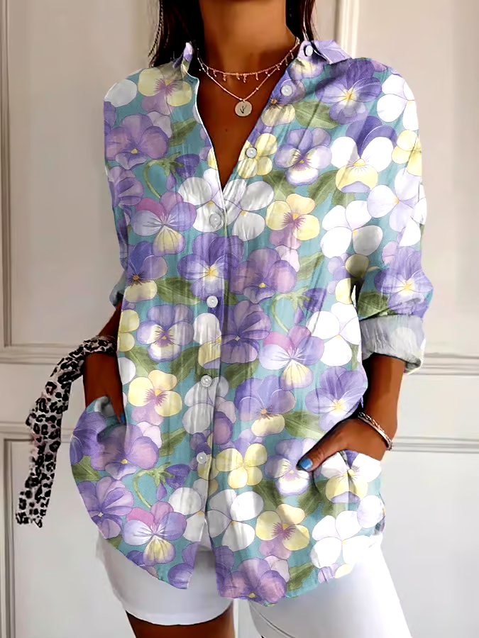 💜Buy 3 get 12% off丨Women's Art Purple Pansy Floral Print Shirt