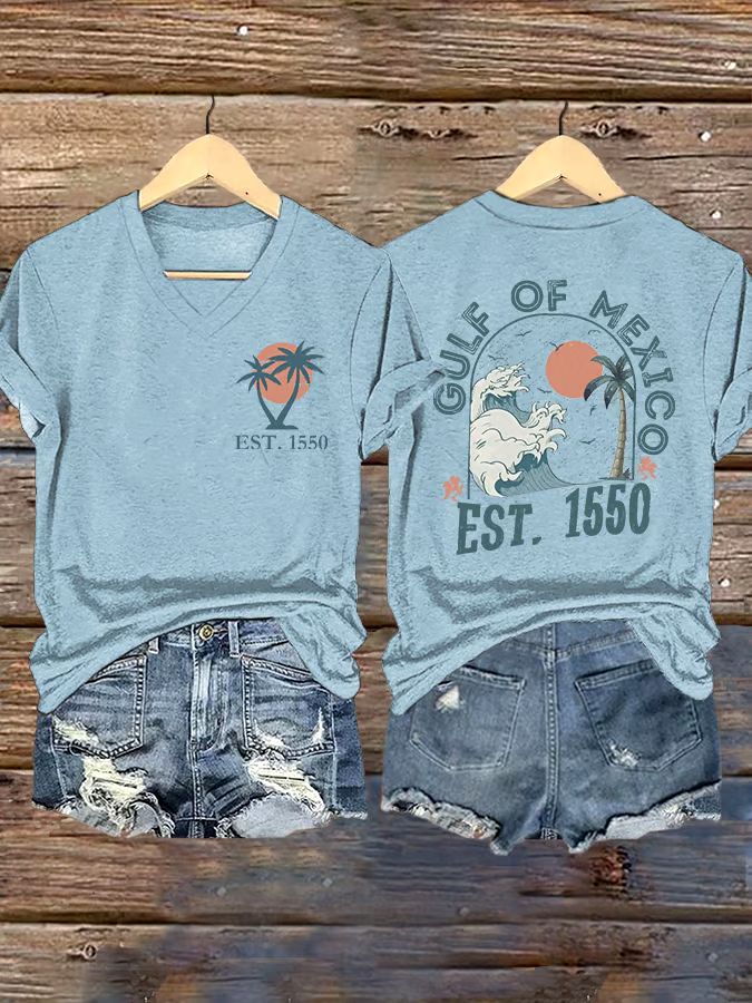 🌊Buy 3 get 12% off丨Women's Gulf Of Mexico Printed V Neck T-shirt