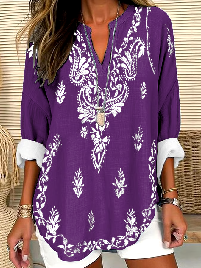 💜Buy 3 get 12% off丨Women's Retro Purple Floral Art Print V-Neck Shirt