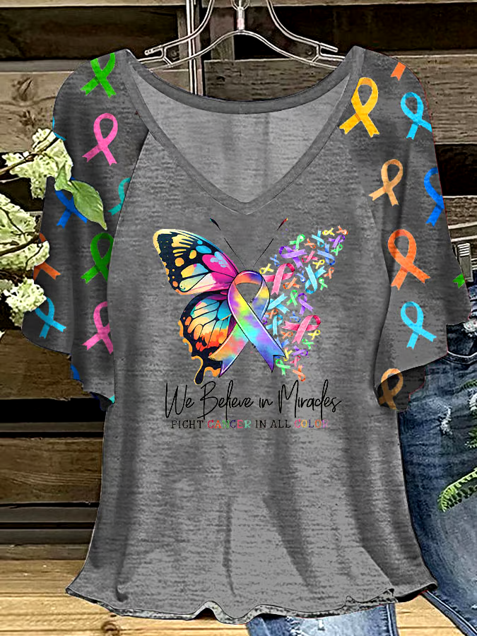 🎀Buy 3 get 12% off丨Women's Fight Cancer In All Colors Ruffle Sleeve T-Shirt 🎀Buy 3 get 12% off丨Women's Fight Cancer In All Colors Ruffle Sleeve T-Shirt