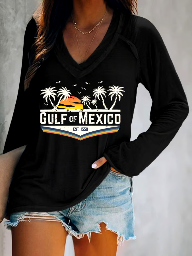 🌊Buy 3 get 12% off丨Women's Gulf Of Mexico Print V Neck T-Shirt 🌊Buy 3 get 12% off丨Women's Gulf Of Mexico Print V Neck T-Shirt