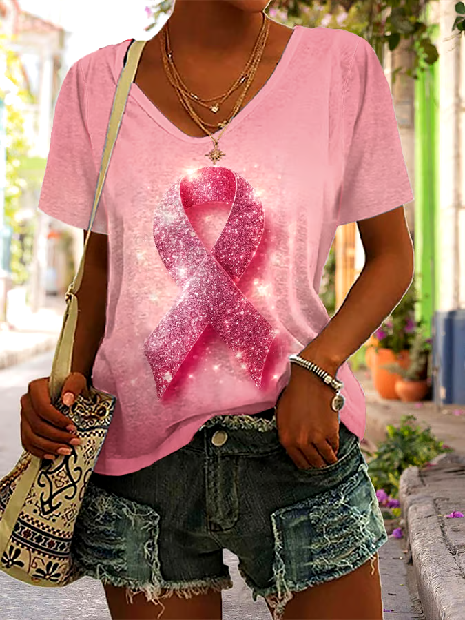 🎀Buy 3 get 12% off丨Women's Casual Breast Cancer Cure Graphic Print V-Neck Short Sleeve T-Shirt