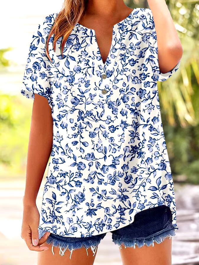 🌸Buy 3 get 12% off丨Women's Vintage Botanical Floral Button Design V-Neck Short Sleeve Shirt