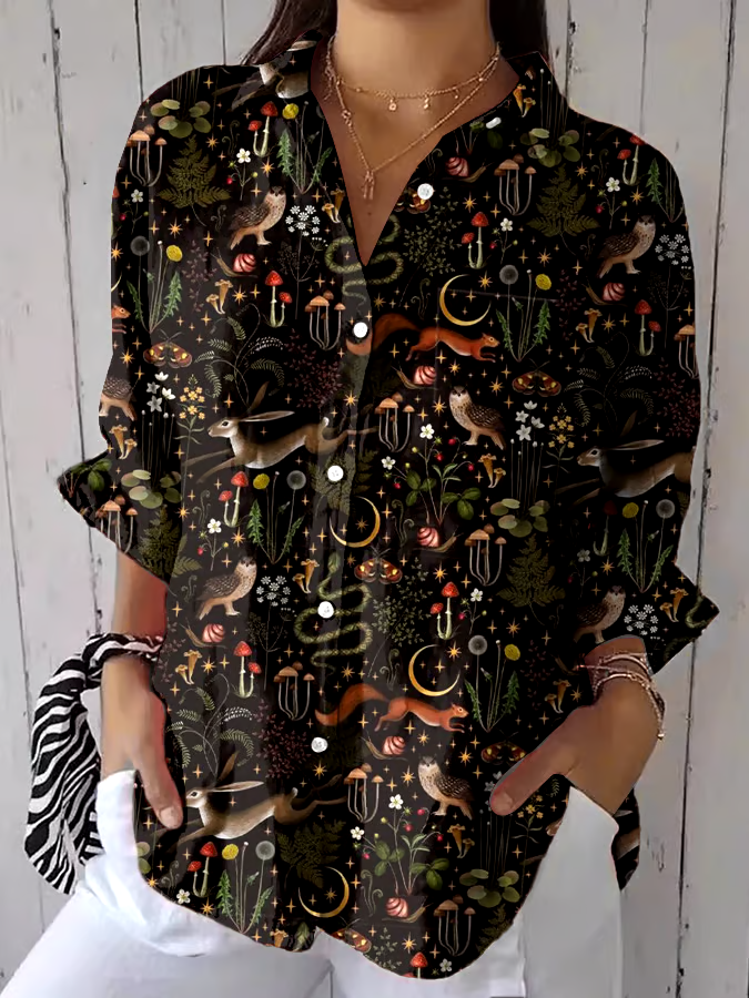 🌳Buy 3 get 12% off丨Women's Casual Retro Forest Animal Print Cotton And Linen Shirt（With Pockets)