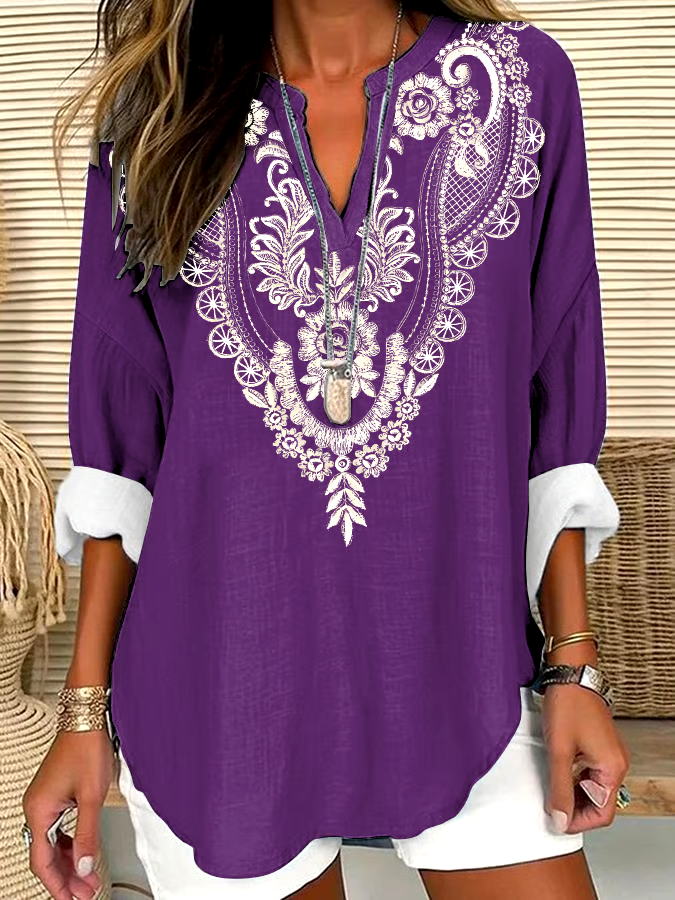 💜Buy 3 get 12% off丨Women's Retro Purple Floral Print V-Neck Shirt