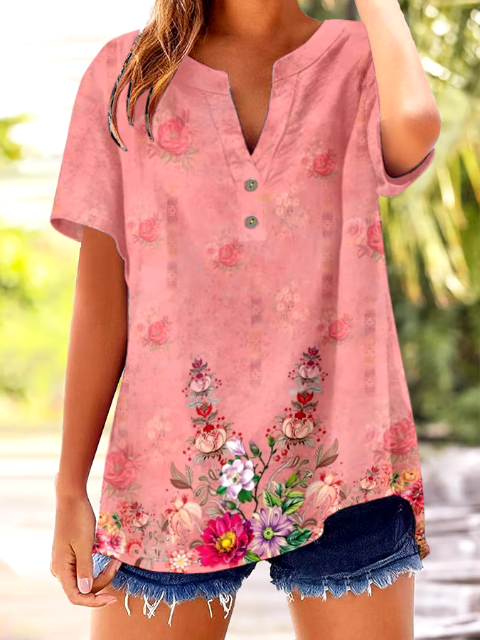 🌸Buy 3 get 12% off丨Women's Vintage Botanical Floral Button Design V-Neck Short Sleeve Shirt