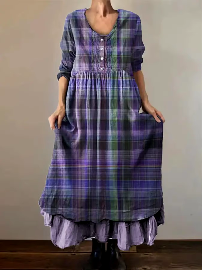 💜Buy 3 get 12% off丨Women's Alzheimer's Awareness Purple Grid Printed Long Sleeve Double-layered Long Skirt
