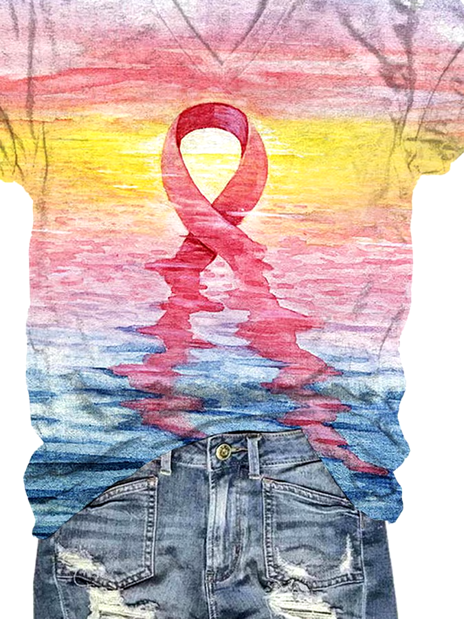 🎀Buy 3 get 12% off丨Women's Casual Pink Ribbon Breast Cancer Art Print Short Sleeve T-Shirt 🎀Buy 3 get 12% off丨Women's Casual Pink Ribbon Breast Cancer Art Print Short Sleeve T-Shirt