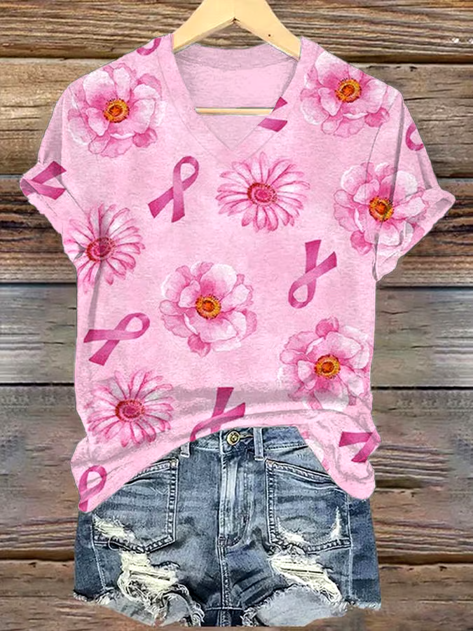 🎀Buy 3 get 12% off丨Women's Casual Breast Cancer Cure Print V-Neck Short Sleeve T-Shirt