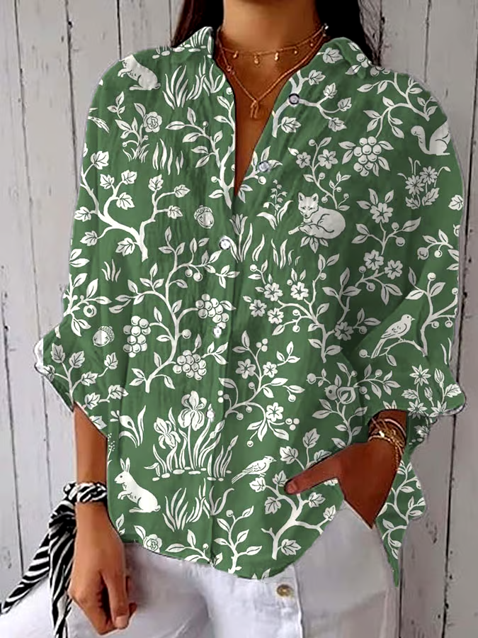 🌳Buy 3 get 12% off丨Women's Spring and Summer Plant Animal Print Lapel Shirt丨🌿100% natural cotton