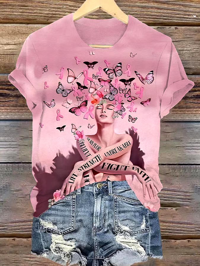 🎀Buy 3 get 12% off丨Women's Casual Breast Cancer Cure Graphic Print Round Neck Short Sleeve T-Shirt