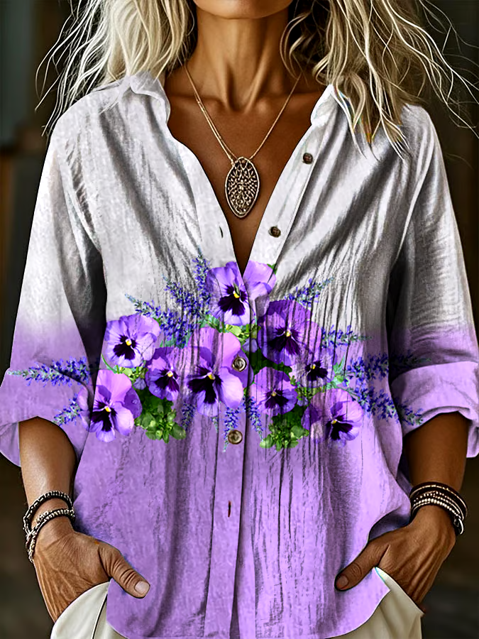 💜Buy 3 get 12% off丨Women's Alzheimer's Awareness Vintage Purple Floral Print Lapel Shirt