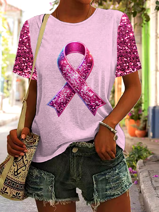 🎀Buy 3 get 12% off丨Women's Casual Breast Cancer Healing Ribbon Printed Round Neck Short Sleeve T-Shirt