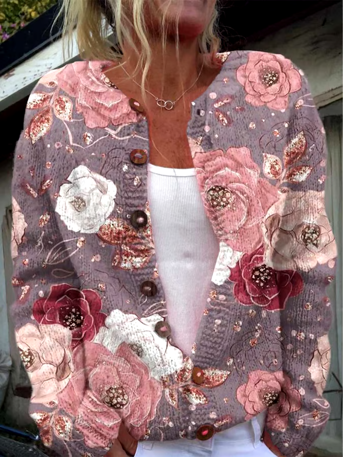 🎀Buy 3 get 12% off丨Women's Breast Cancer Flower Print Knitted Cardigan