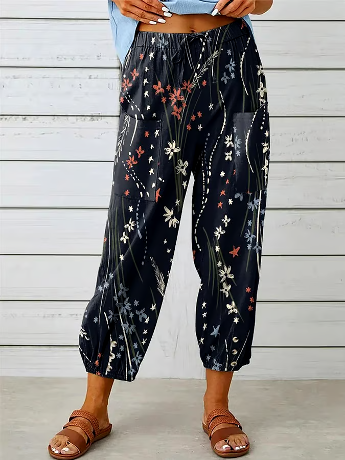 🌸Buy 3 get 12% off丨Women's Floral Design Print Lace-Up Loose  With Elastic Waist Casual Pants