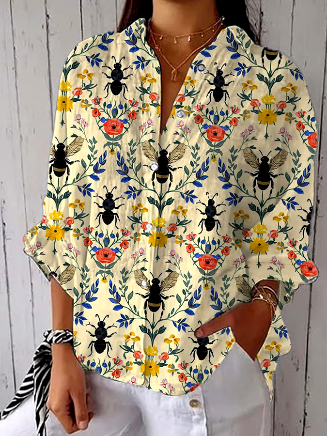 🌳Buy 3 get 12% off丨Women's Spring/Summer Floral Bee Print Lapel Shirt丨🌿100% natural cotton