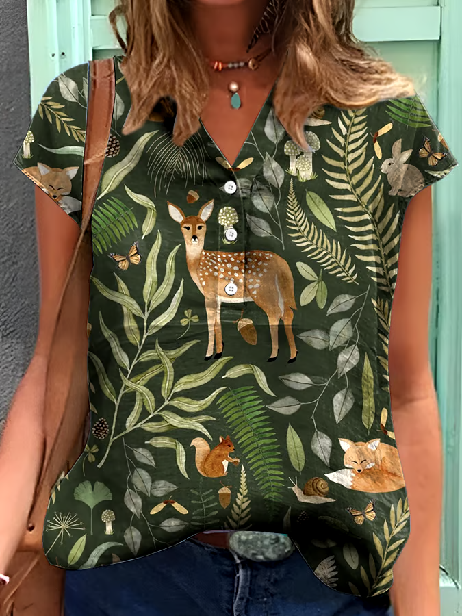 🌳Buy 3 get 12% off丨Women's Forest Animals Floral Print Button-Down V-Neck Shirt丨🌿100% natural cotton