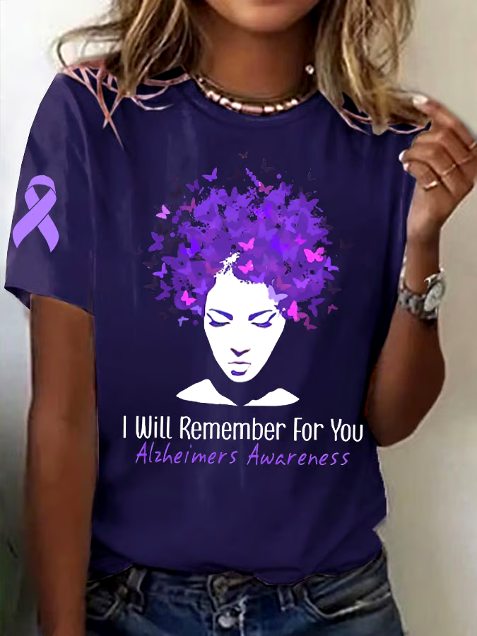 💜Buy 3 get 12% off丨Womens Alzheimer's Awareness Purple Print  I Will Remember For You Casual T-Shirt