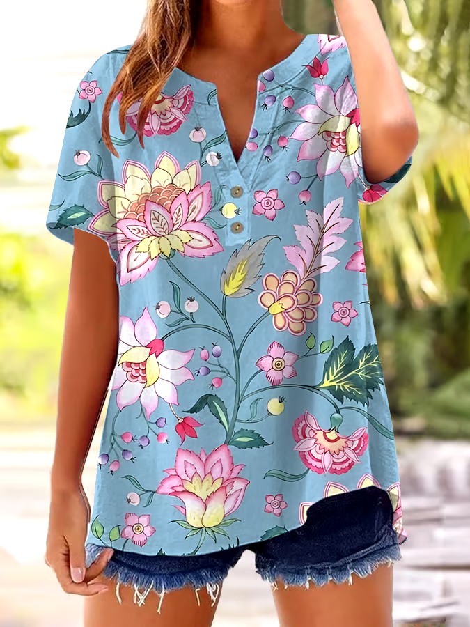 🌸Buy 3 get 12% off丨Women's Vintage Floral Print Button Design V Neck Casual Shirt