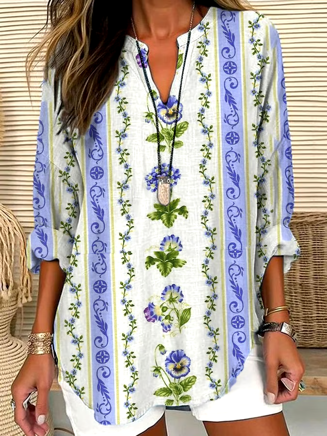 💜Buy 3 get 12% off丨Women's Alzheimer's Awareness Vintage Purple Striped Floral Print Lapel Shirt