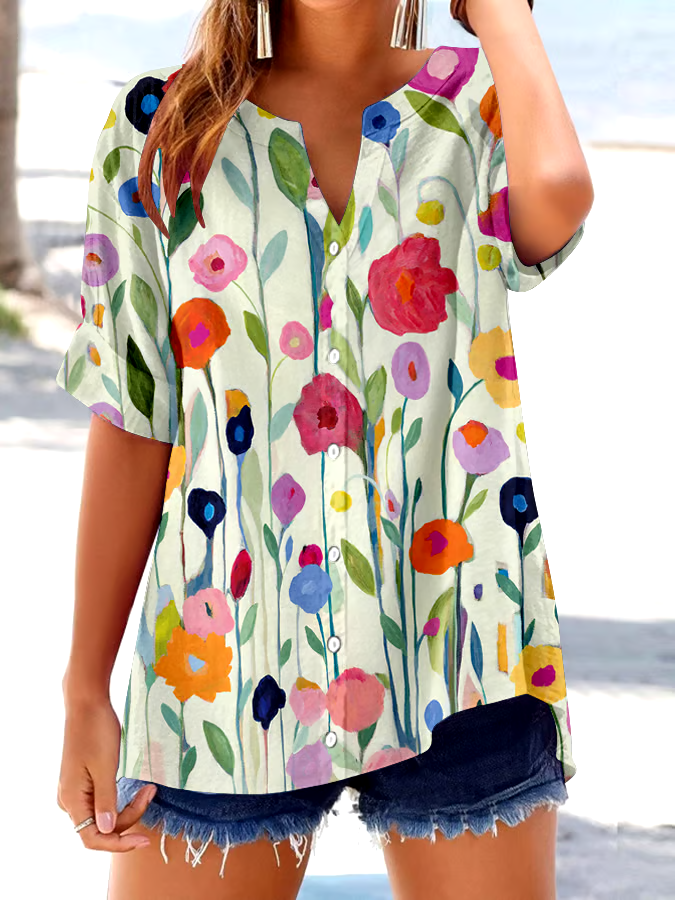 🌸Buy 3 get 12% off丨Women's Retro Botanical Floral Button Design V-Neck Three-Quarter Sleeve Shirt
