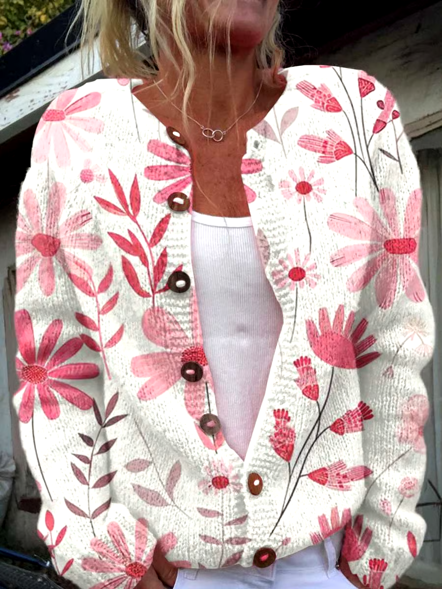 🎀Buy 3 get 12% off丨Women's Breast Cancer Pink Flower Print Knitted Cardigan