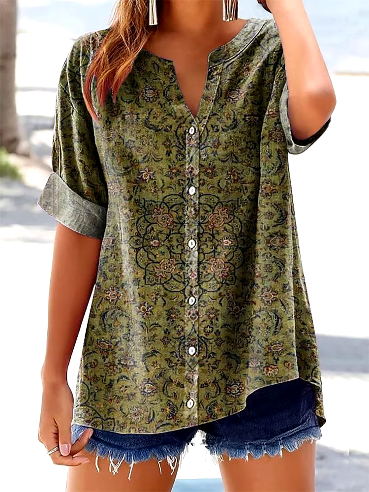 🌸Buy 3 get 12% off丨Women's Casual Retro Pattern Cotton And Linen Shirt