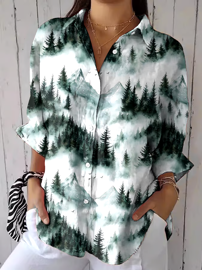 🌳Buy 3 get 12% off丨Women's Casual Forest Mountain Printed Shirt丨🌿100% natural cotton