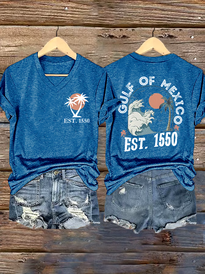 🌊Buy 3 get 12% off丨Women's Gulf Of Mexico Printed V Neck T-shirt 🌊Buy 3 get 12% off丨Women's Gulf Of Mexico Printed V Neck T-shirt
