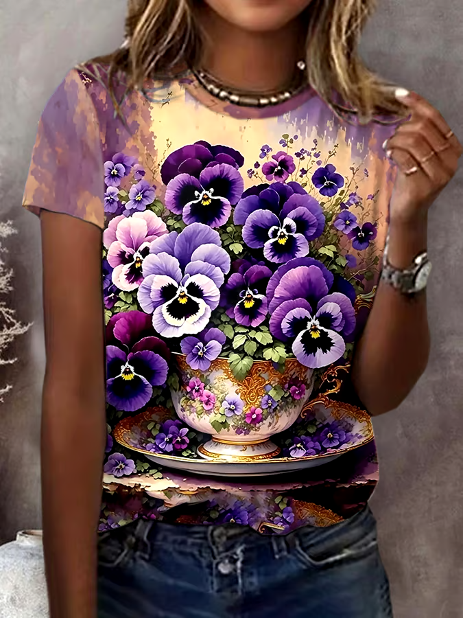 💜Buy 3 get 12% off丨Women's Retro Purple Floral Print T-Shirt