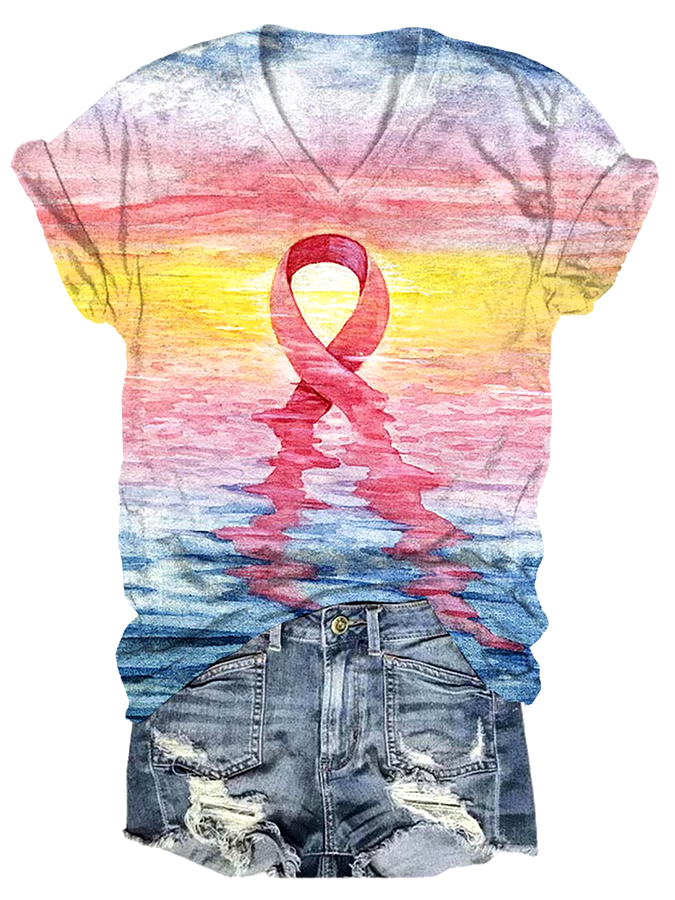 🎀Buy 3 get 12% off丨Women's Casual Pink Ribbon Breast Cancer Art Print Short Sleeve T-Shirt