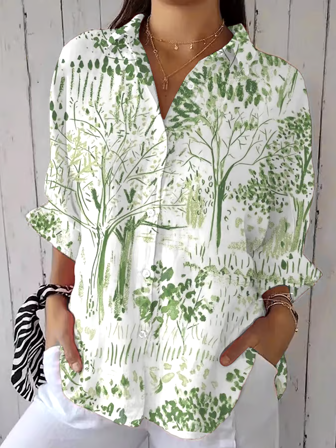 🌳Buy 3 get 12% off丨Women's casual retro forest print cotton and linen shirt丨🌿100% natural cotton