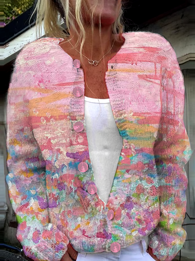 🎀Buy 3 get 12% off丨Women's Pink Art Oil Painting Breast Cancer Sweater Knit Cardigan