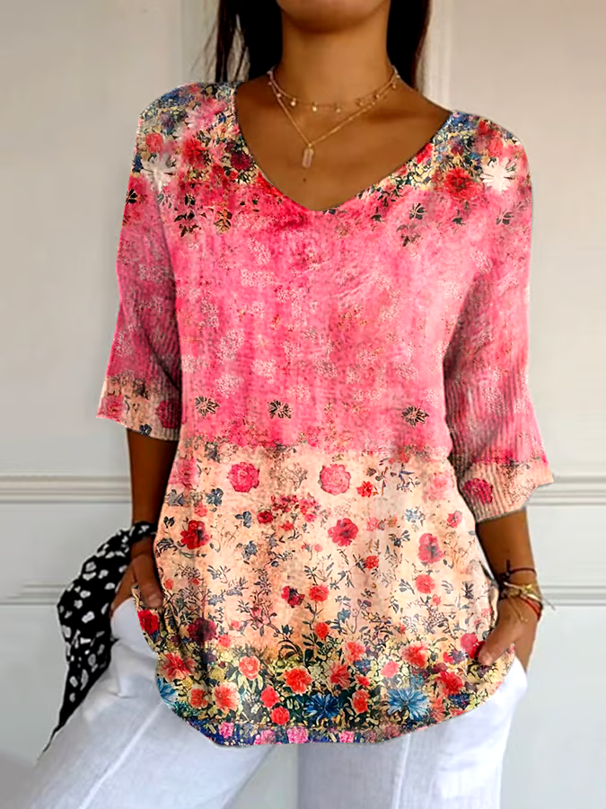 🌸Buy 3 get 12% off丨Women's Casual Retro Floral Print Knitted T-Shirt