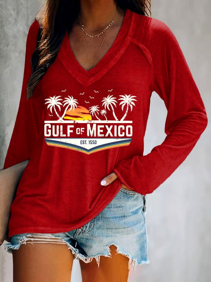 🌊Buy 3 get 12% off丨Women's Gulf Of Mexico Print V Neck T-Shirt 🌊Buy 3 get 12% off丨Women's Gulf Of Mexico Print V Neck T-Shirt