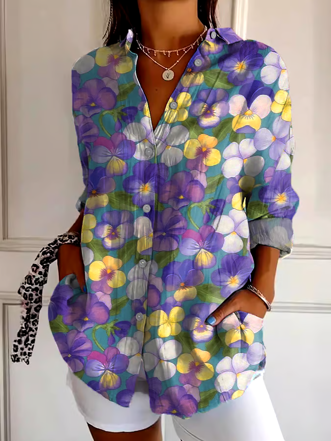 💜Buy 3 get 12% off丨Women's Art Purple Pansy Floral Print Shirt 💜Buy 3 get 12% off丨Women's Art Purple Pansy Floral Print Shirt
