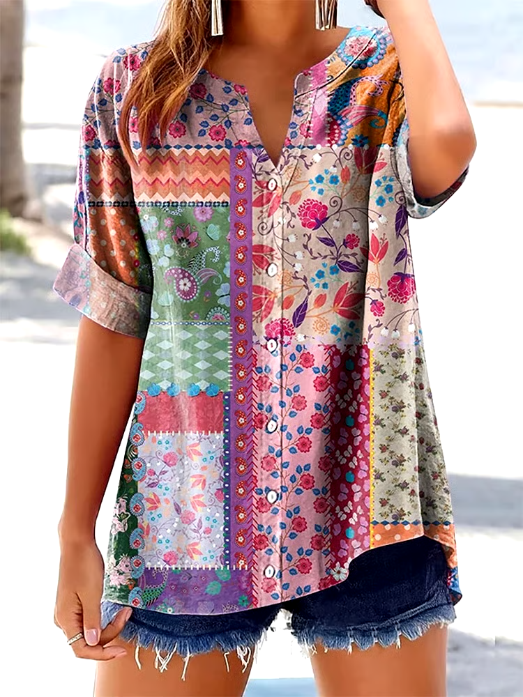 🌸Buy 3 get 12% off丨Women's Vintage Floral Patchwork Print Button Design Shirt