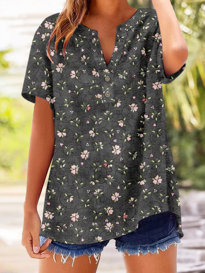 🌸Buy 3 get 12% off丨Women's Vintage Botanical Floral Button Design V-Neck Short Sleeve Shirt