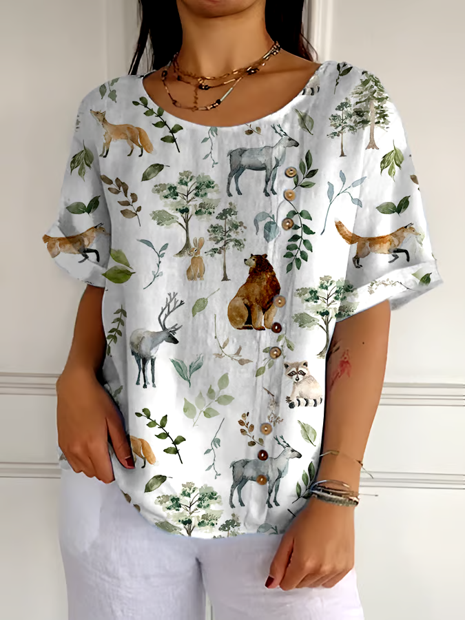 🌳Buy 3 get 12% off丨Women's Casual Forest Animal Plant Flower Cotton And Linen Shirt丨🌿100% natural cotton