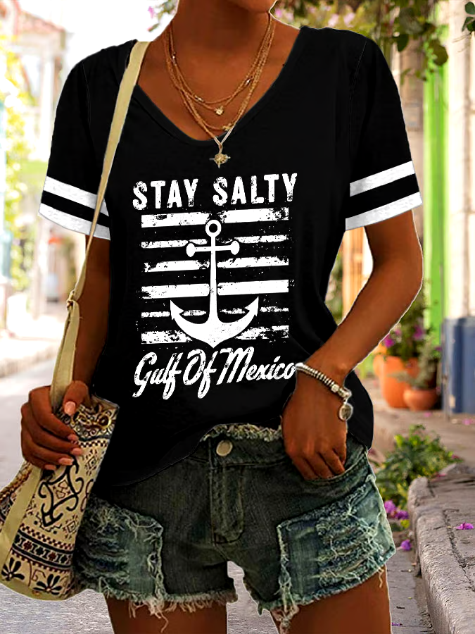 🌊Buy 3 get 12% off丨Women's Stay Salty Gulf Of Mexico Print V Neck T-Shirt 🌊Buy 3 get 12% off丨Women's Stay Salty Gulf Of Mexico Print V Neck T-Shirt