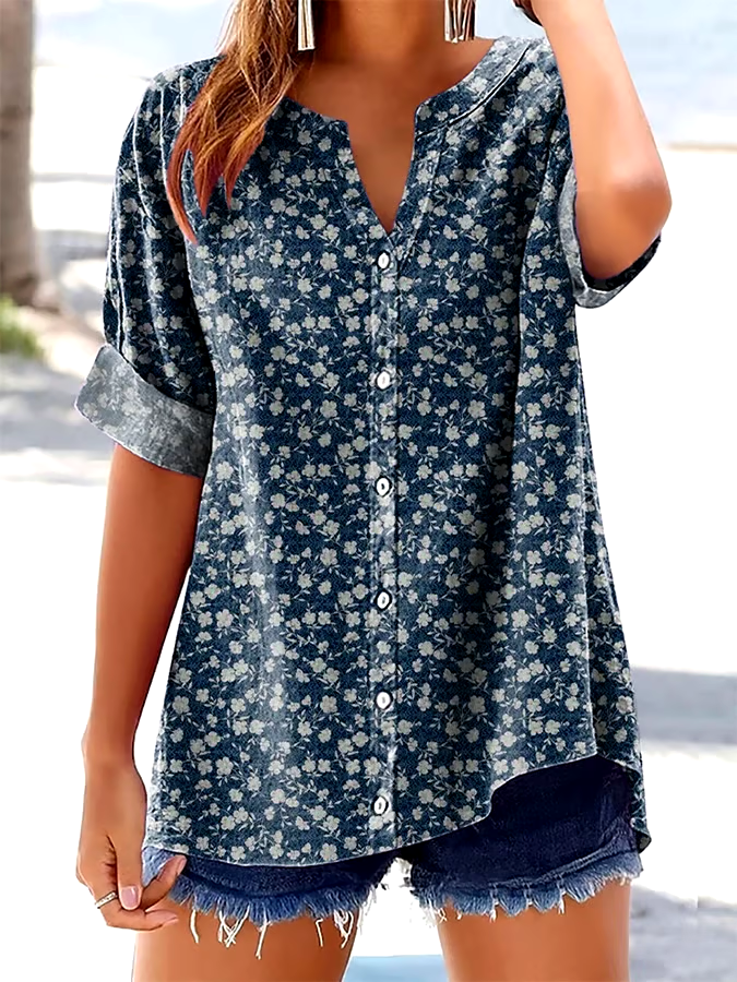 🌸Buy 3 get 12% off丨Women's Vintage Floral Print Button Design V Neck Casual Shirt