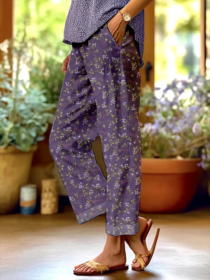 🌸Buy 3 get 12% off丨Women's Retro Botanical Floral Patchwork Art Print Loose Pocket Patchwork Casual Pants