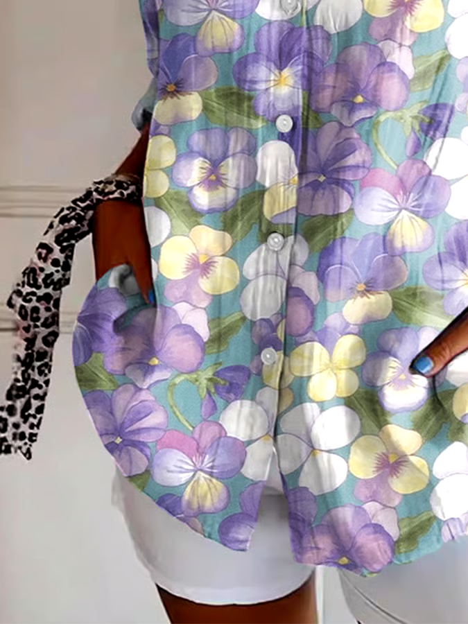 💜Buy 3 get 12% off丨Women's Art Purple Pansy Floral Print Shirt 💜Buy 3 get 12% off丨Women's Art Purple Pansy Floral Print Shirt