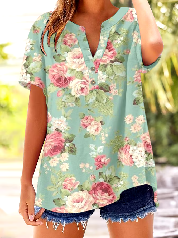 🌸Buy 3 get 12% off丨Women's Vintage Botanical Floral Button Design V-Neck Short Sleeve Shirt