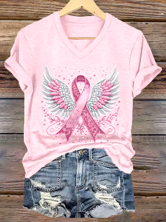 🎀Buy 3 get 12% off丨Women's Casual Breast Cancer Cure Graphic Print V-Neck Short Sleeve T-Shirt